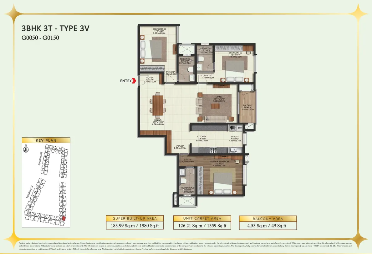 3 BHK + Study Floor Plan